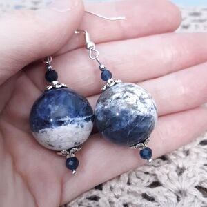 20mm Artisan Sodalite & Sapphire Statement Earrings Semi-precious Stone Crystal